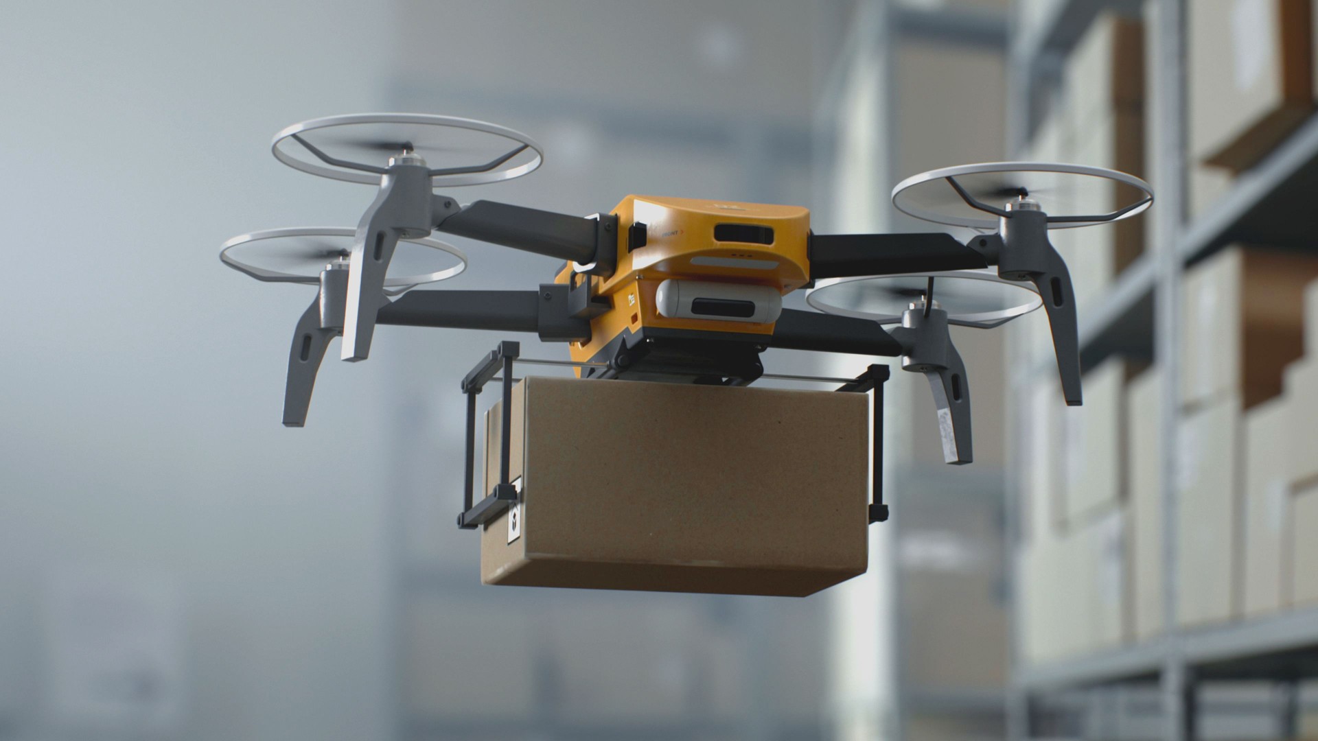 Modern Warehouse Facility: Aerial AGV Drone Delivering Cardboard Box