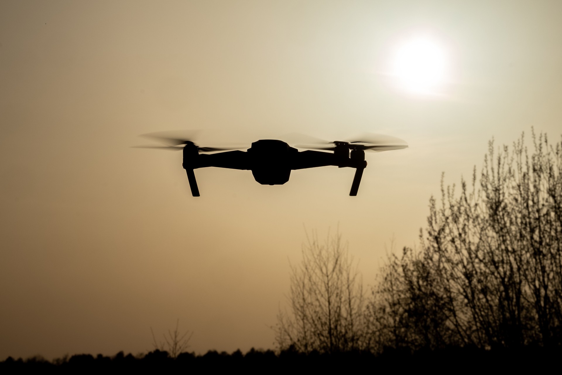 A drone gracefully flies at sunset over a silhouetted tree line, creating a stunning view